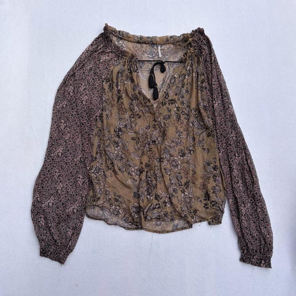 Free People Hendrix Brown Sheer Floral Tassel Puff Sleeve Peasant Blouse Sz S